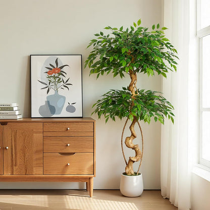 6ft Large Ficus Artificial Trees in White Pot, 72" Tall Fake Silk Tree with Natural Curved Trunk, Lush Faux Ficus Tree for Indoor Home Decor, Living Room, Office & Patio