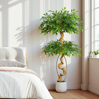 6ft Large Ficus Artificial Trees in White Pot, 72" Tall Fake Silk Tree with Natural Curved Trunk, Lush Faux Ficus Tree for Indoor Home Decor, Living Room, Office & Patio