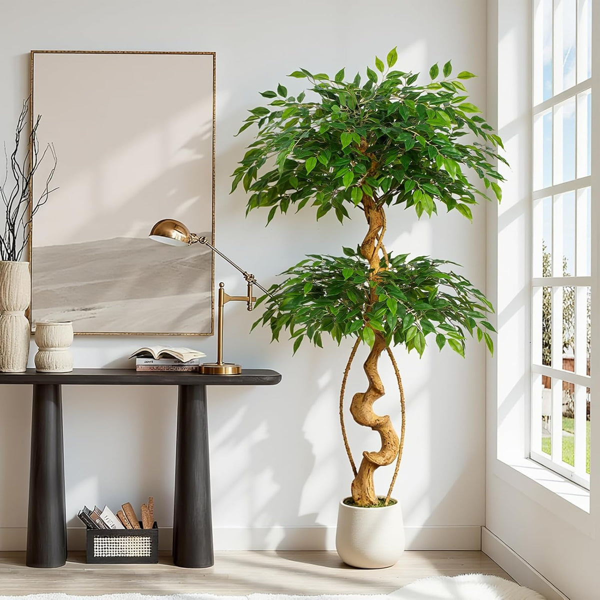 6ft Large Ficus Artificial Trees in White Pot, 72" Tall Fake Silk Tree with Natural Curved Trunk, Lush Faux Ficus Tree for Indoor Home Decor, Living Room, Office & Patio