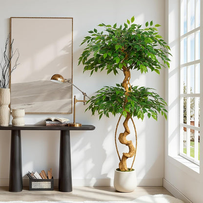 6ft Large Ficus Artificial Trees in White Pot, 72" Tall Fake Silk Tree with Natural Curved Trunk, Lush Faux Ficus Tree for Indoor Home Decor, Living Room, Office & Patio