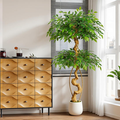 6ft Large Ficus Artificial Trees in White Pot, 72" Tall Fake Silk Tree with Natural Curved Trunk, Lush Faux Ficus Tree for Indoor Home Decor, Living Room, Office & Patio