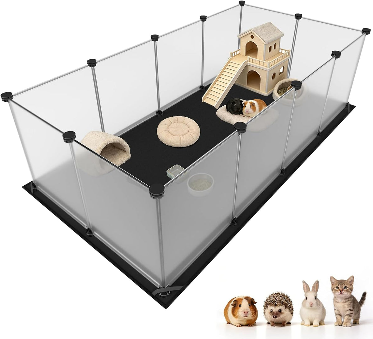 Guinea Pig Cage with Waterproof Mat & 12 Transparent Panels, Bunny Enclosure and Indoor Guinea Pig Playpen 48''L x 24''W x 16''H, Small Animal Playpen for Hamster, Hedgehog, Kitten, Rabbit