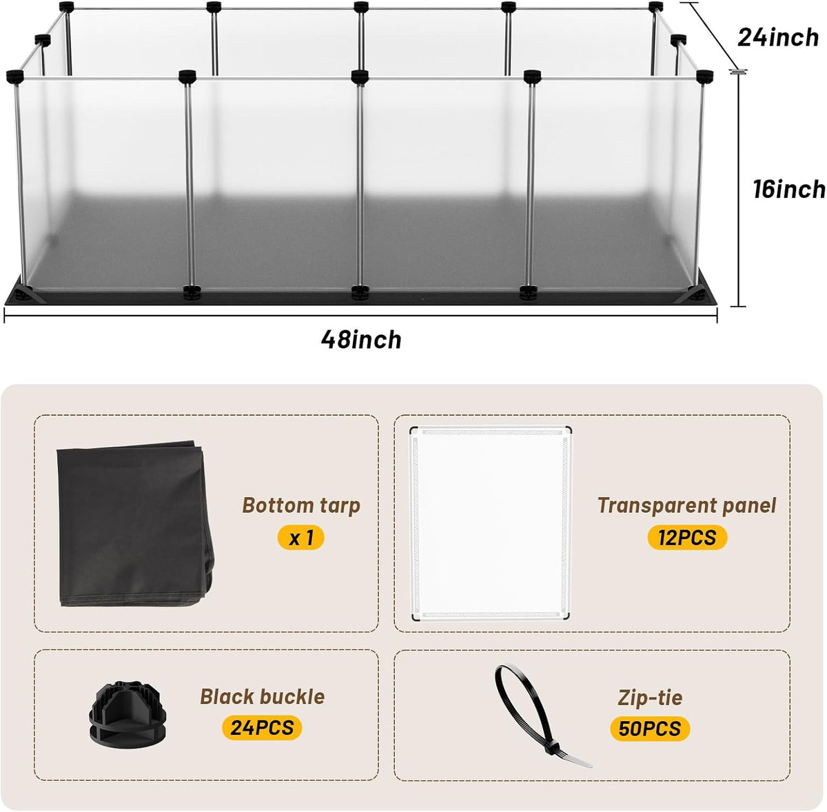 Guinea Pig Cage with Waterproof Mat & 12 Transparent Panels, Bunny Enclosure and Indoor Guinea Pig Playpen 48''L x 24''W x 16''H, Small Animal Playpen for Hamster, Hedgehog, Kitten, Rabbit