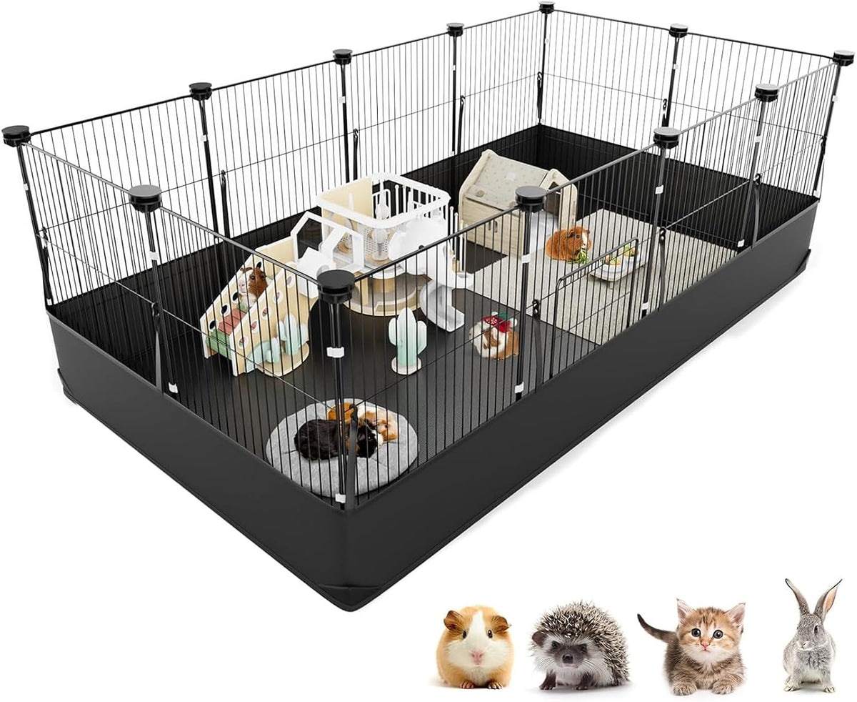 Guinea Pig Cage with Waterproof Mat & 12 Transparent Panels, Bunny Enclosure and Indoor Guinea Pig Playpen 48''L x 24''W x 16''H, Small Animal Playpen for Hamster, Hedgehog, Kitten, Rabbit