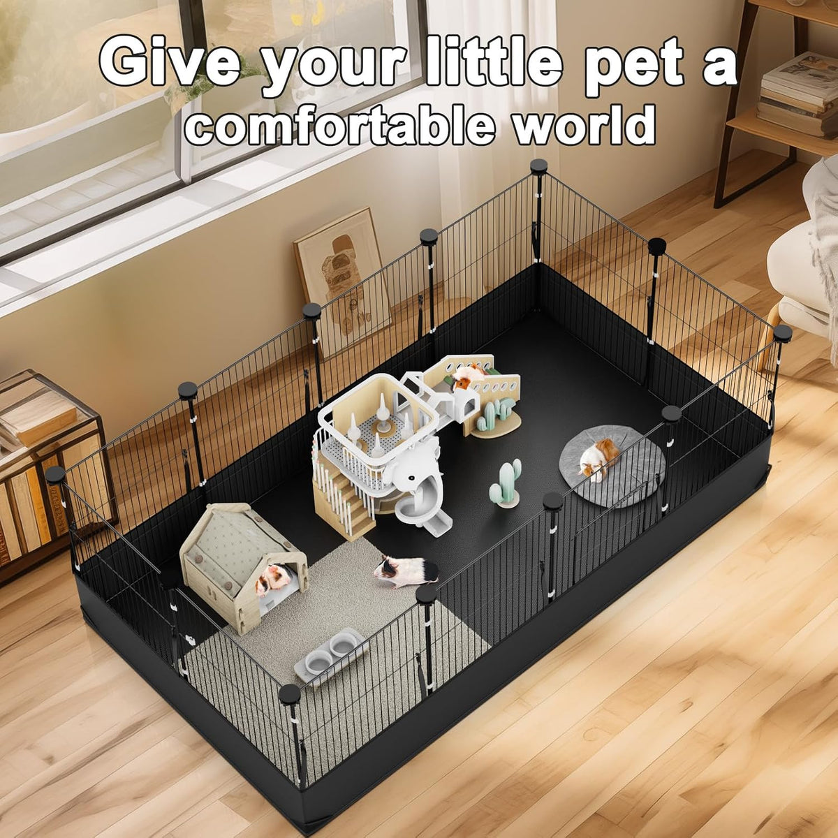 Guinea Pig Cage with Waterproof Mat & 12 Transparent Panels, Bunny Enclosure and Indoor Guinea Pig Playpen 48''L x 24''W x 16''H, Small Animal Playpen for Hamster, Hedgehog, Kitten, Rabbit