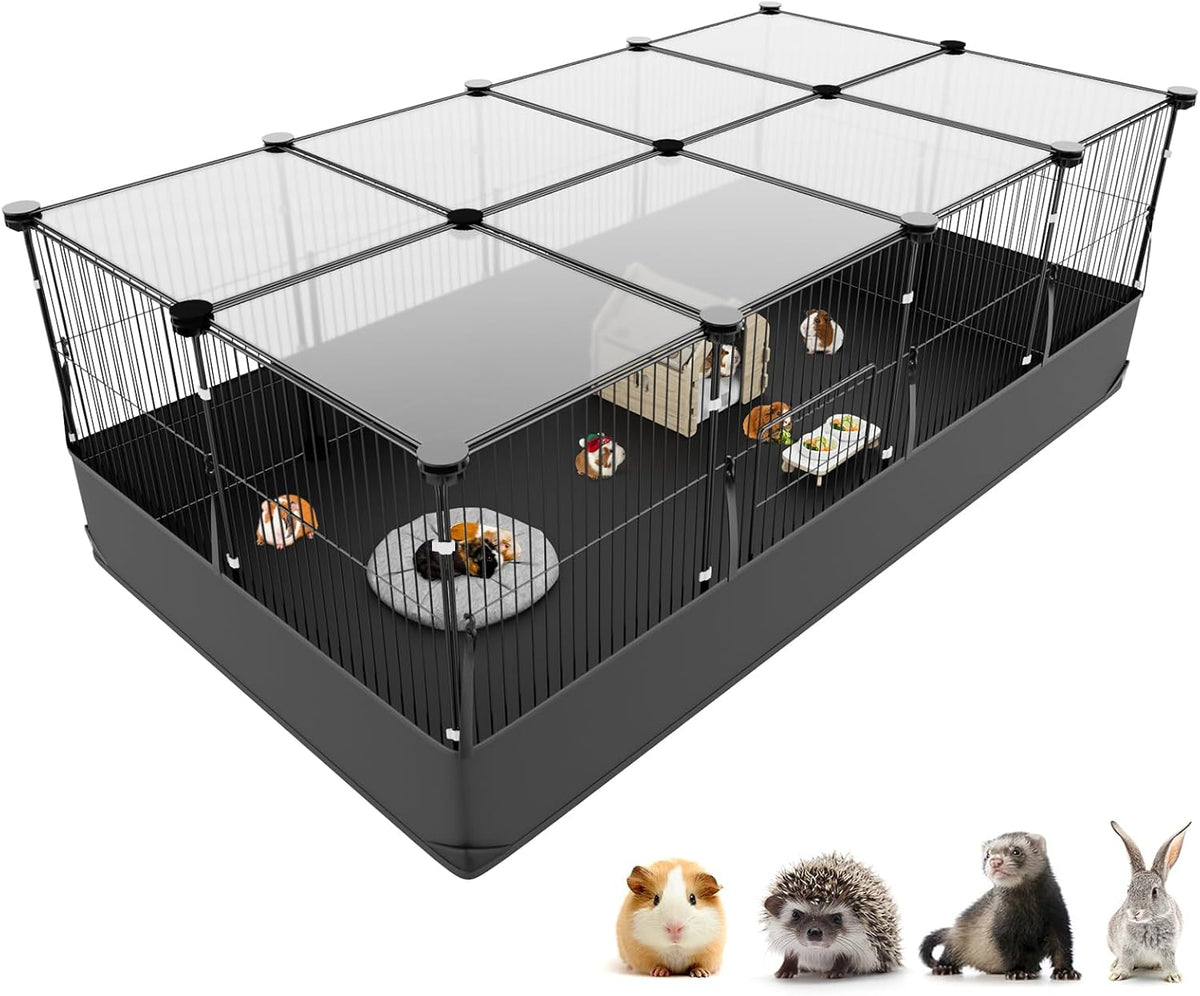 Guinea Pig Cage with Waterproof Mat & 12 Transparent Panels, Bunny Enclosure and Indoor Guinea Pig Playpen 48''L x 24''W x 16''H, Small Animal Playpen for Hamster, Hedgehog, Kitten, Rabbit