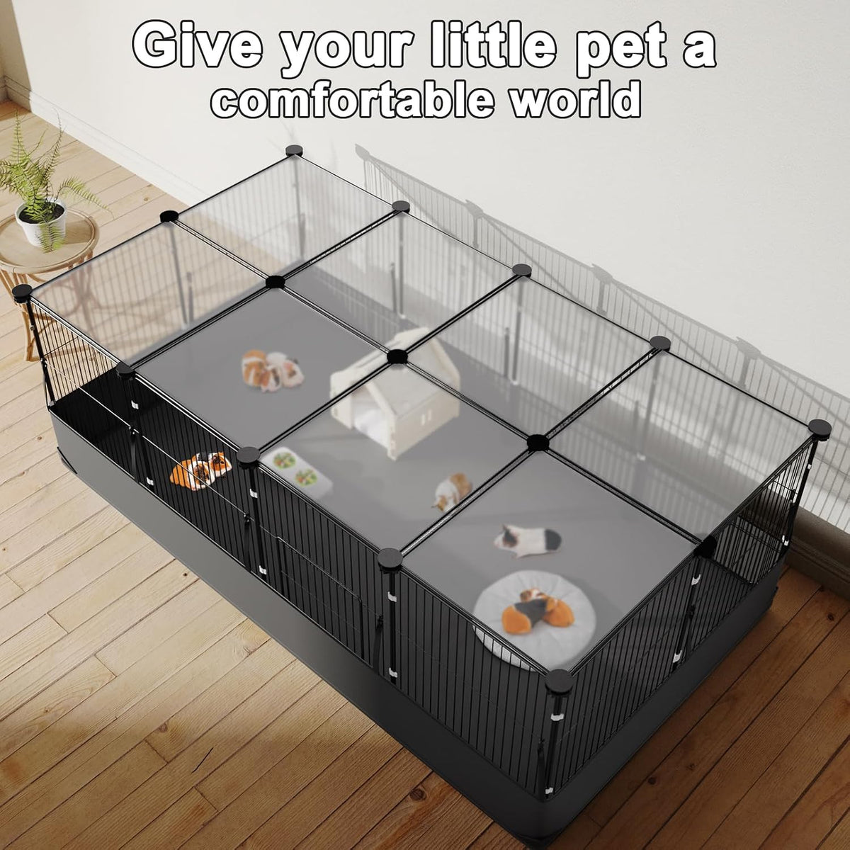 Guinea Pig Cage with Waterproof Mat & 12 Transparent Panels, Bunny Enclosure and Indoor Guinea Pig Playpen 48''L x 24''W x 16''H, Small Animal Playpen for Hamster, Hedgehog, Kitten, Rabbit