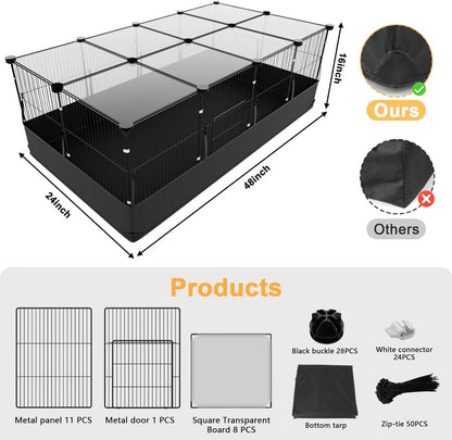 Guinea Pig Cage with Waterproof Mat & 12 Transparent Panels, Bunny Enclosure and Indoor Guinea Pig Playpen 48''L x 24''W x 16''H, Small Animal Playpen for Hamster, Hedgehog, Kitten, Rabbit