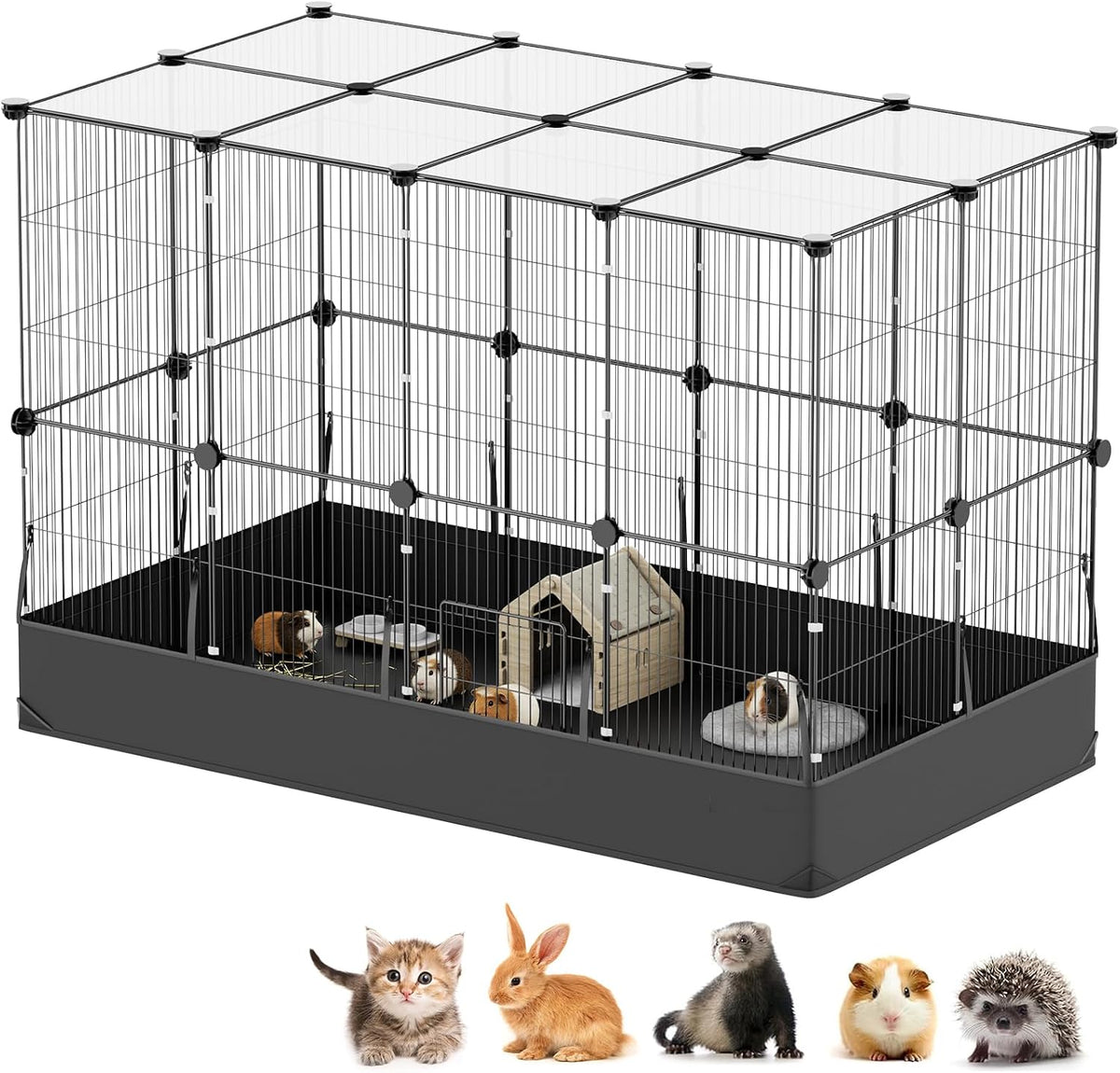 Guinea Pig Cage with Waterproof Mat & 12 Transparent Panels, Bunny Enclosure and Indoor Guinea Pig Playpen 48''L x 24''W x 16''H, Small Animal Playpen for Hamster, Hedgehog, Kitten, Rabbit