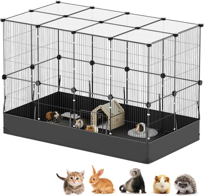 Guinea Pig Cage with Waterproof Mat & 12 Transparent Panels, Bunny Enclosure and Indoor Guinea Pig Playpen 48''L x 24''W x 16''H, Small Animal Playpen for Hamster, Hedgehog, Kitten, Rabbit