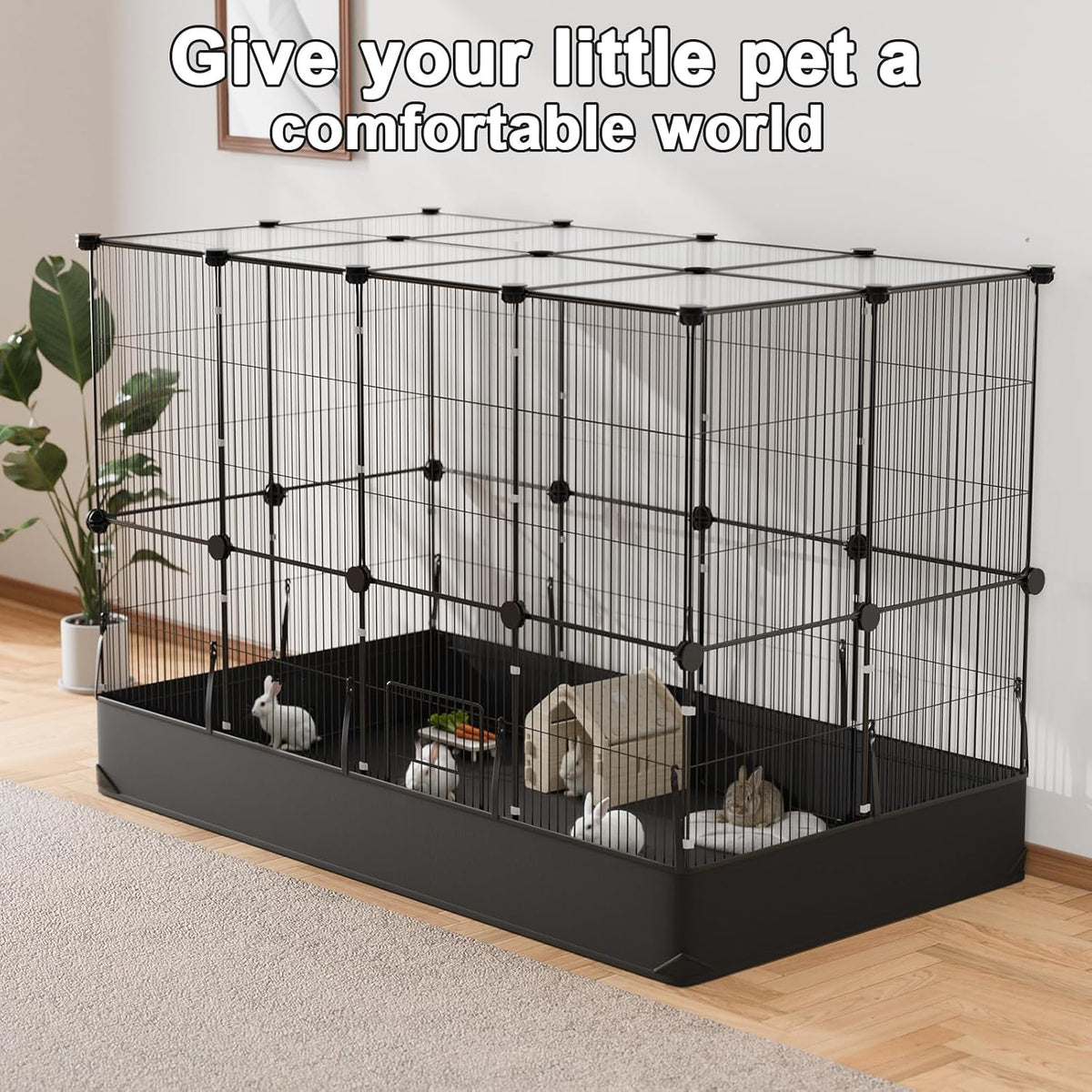 Guinea Pig Cage with Waterproof Mat & 12 Transparent Panels, Bunny Enclosure and Indoor Guinea Pig Playpen 48''L x 24''W x 16''H, Small Animal Playpen for Hamster, Hedgehog, Kitten, Rabbit