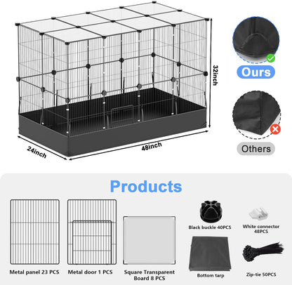 Guinea Pig Cage with Waterproof Mat & 12 Transparent Panels, Bunny Enclosure and Indoor Guinea Pig Playpen 48''L x 24''W x 16''H, Small Animal Playpen for Hamster, Hedgehog, Kitten, Rabbit
