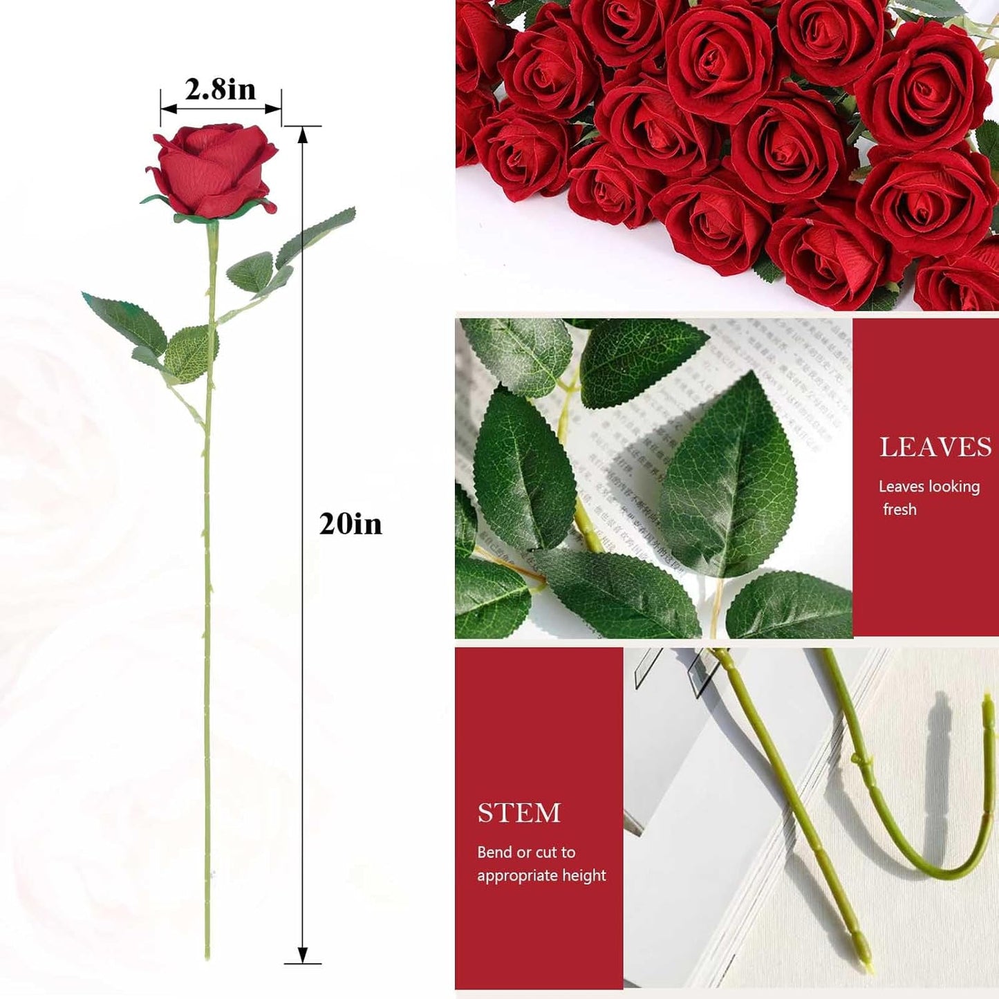 Rowfad 60 Pcs Artificial Roses Bulk Velvet Silk White Roses White Roses for Wedding Centerpieces Bridal Bouquet Mohter's Day Valentine's Day Home Decor (60, White)