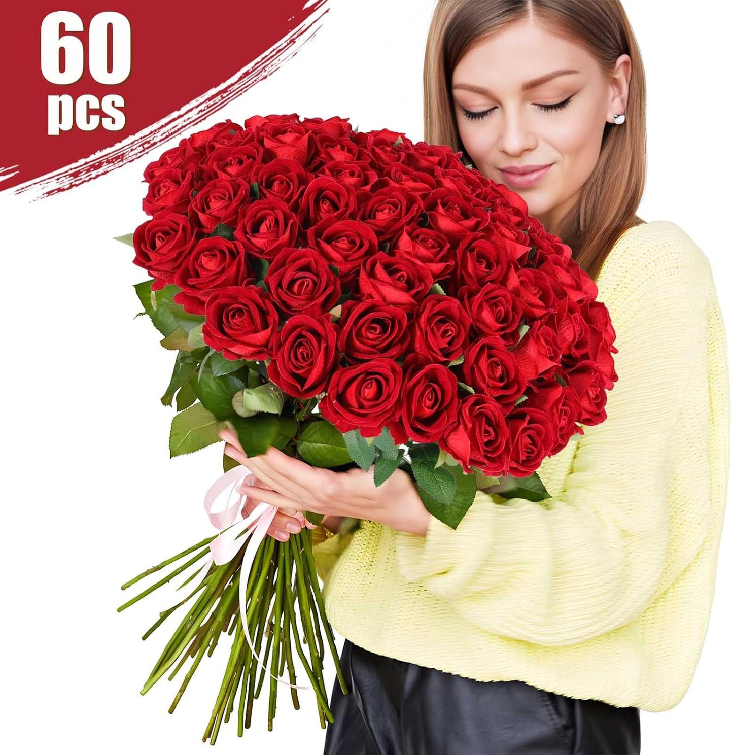 Rowfad 60 Pcs Artificial Roses Bulk Velvet Silk White Roses White Roses for Wedding Centerpieces Bridal Bouquet Mohter's Day Valentine's Day Home Decor (60, White)