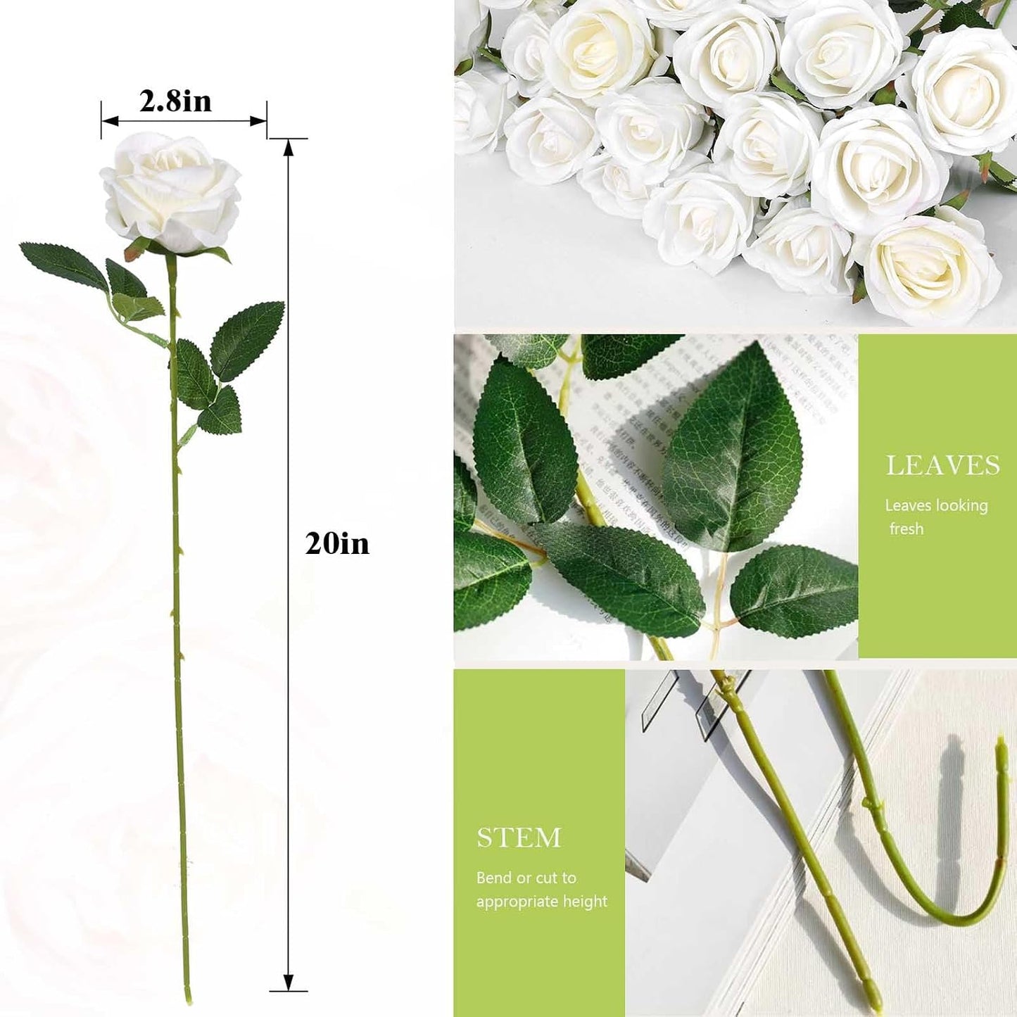 Rowfad 60 Pcs Artificial Roses Bulk Velvet Silk White Roses White Roses for Wedding Centerpieces Bridal Bouquet Mohter's Day Valentine's Day Home Decor (60, White)