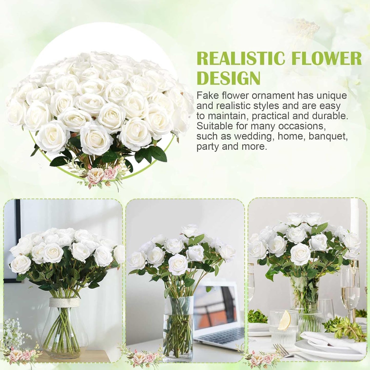 Rowfad 60 Pcs Artificial Roses Bulk Velvet Silk White Roses White Roses for Wedding Centerpieces Bridal Bouquet Mohter's Day Valentine's Day Home Decor (60, White)
