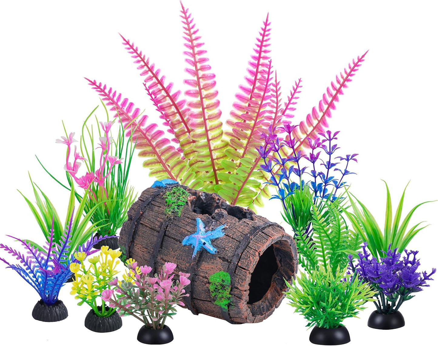 Fish Tank Accessories Decorations Set with Broken Barrel Cave & 11 Artificial Aquatic Plants - Betta Goldfish Hiding Spots for Aquariums, Small Bowl Ornament Decor