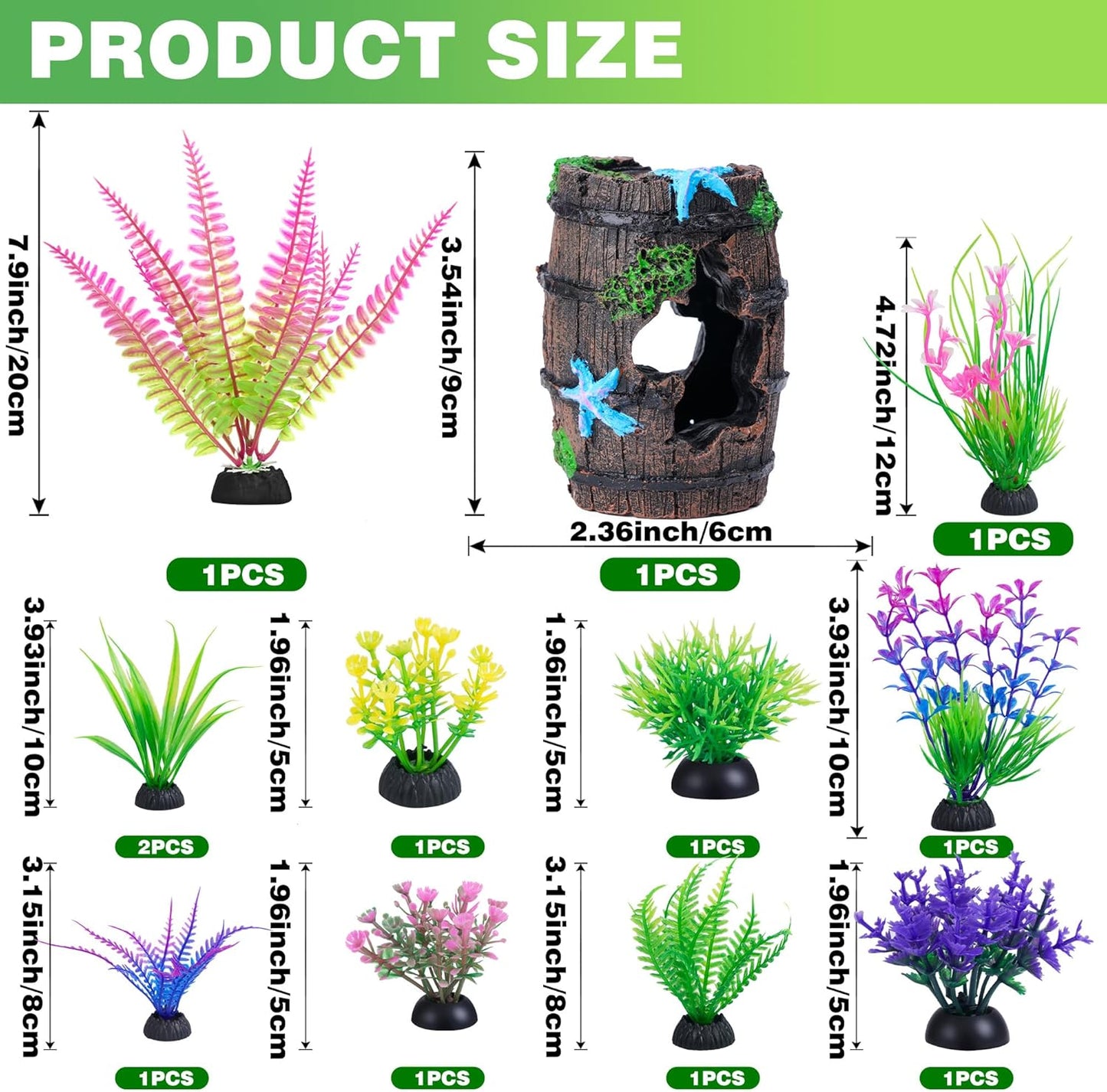 Fish Tank Accessories Decorations Set with Broken Barrel Cave & 11 Artificial Aquatic Plants - Betta Goldfish Hiding Spots for Aquariums, Small Bowl Ornament Decor