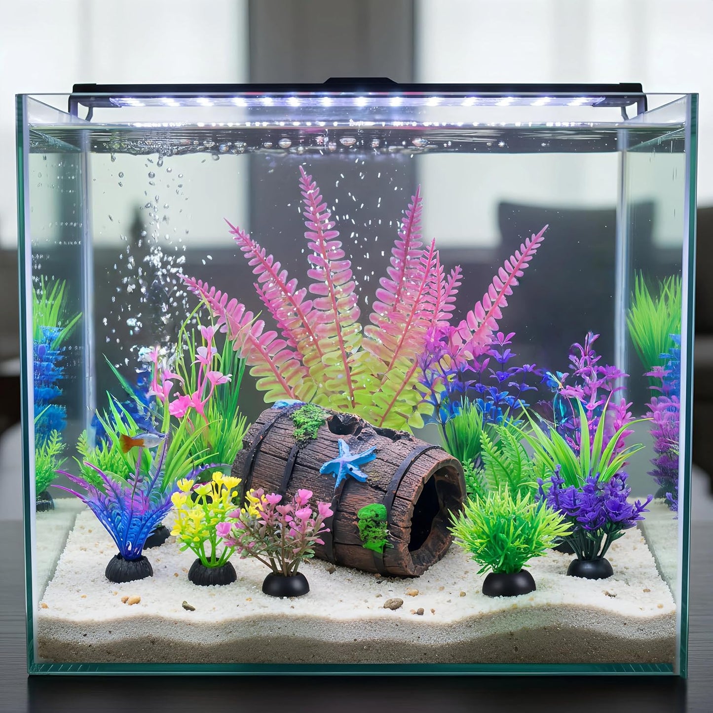 Fish Tank Accessories Decorations Set with Broken Barrel Cave & 11 Artificial Aquatic Plants - Betta Goldfish Hiding Spots for Aquariums, Small Bowl Ornament Decor