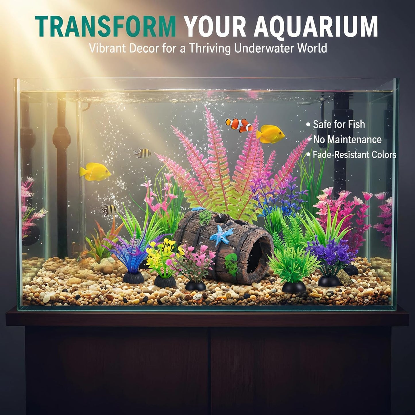 Fish Tank Accessories Decorations Set with Broken Barrel Cave & 11 Artificial Aquatic Plants - Betta Goldfish Hiding Spots for Aquariums, Small Bowl Ornament Decor