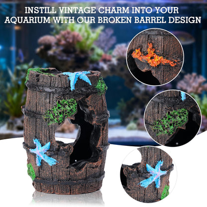Fish Tank Accessories Decorations Set with Broken Barrel Cave & 11 Artificial Aquatic Plants - Betta Goldfish Hiding Spots for Aquariums, Small Bowl Ornament Decor