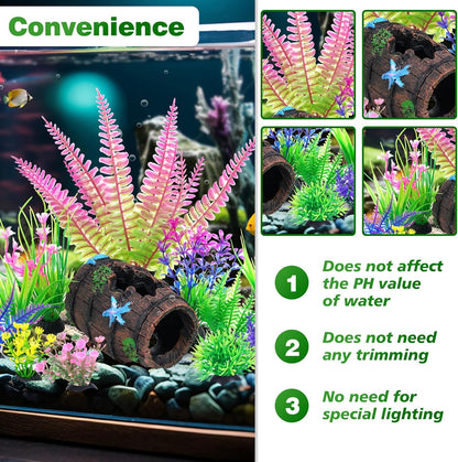 Fish Tank Accessories Decorations Set with Broken Barrel Cave & 11 Artificial Aquatic Plants - Betta Goldfish Hiding Spots for Aquariums, Small Bowl Ornament Decor