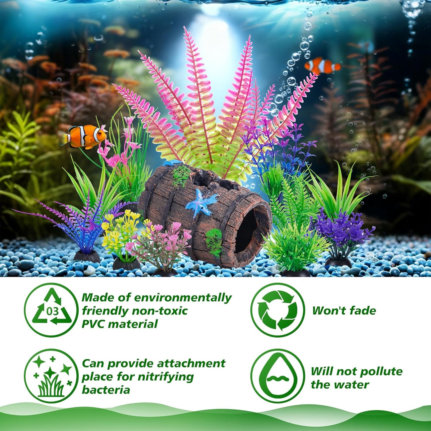 Fish Tank Accessories Decorations Set with Broken Barrel Cave & 11 Artificial Aquatic Plants - Betta Goldfish Hiding Spots for Aquariums, Small Bowl Ornament Decor