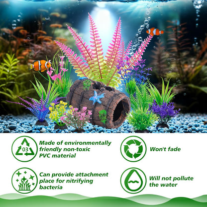 Fish Tank Accessories Decorations Set with Broken Barrel Cave & 11 Artificial Aquatic Plants - Betta Goldfish Hiding Spots for Aquariums, Small Bowl Ornament Decor