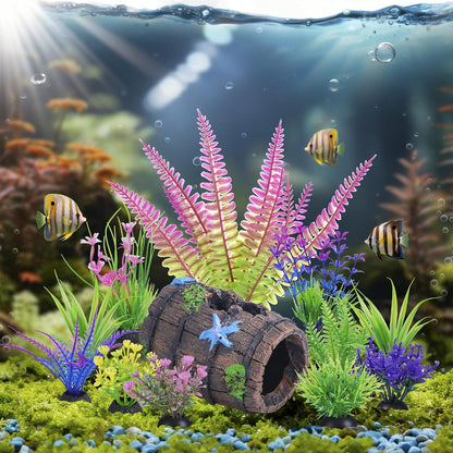 Fish Tank Accessories Decorations Set with Broken Barrel Cave & 11 Artificial Aquatic Plants - Betta Goldfish Hiding Spots for Aquariums, Small Bowl Ornament Decor