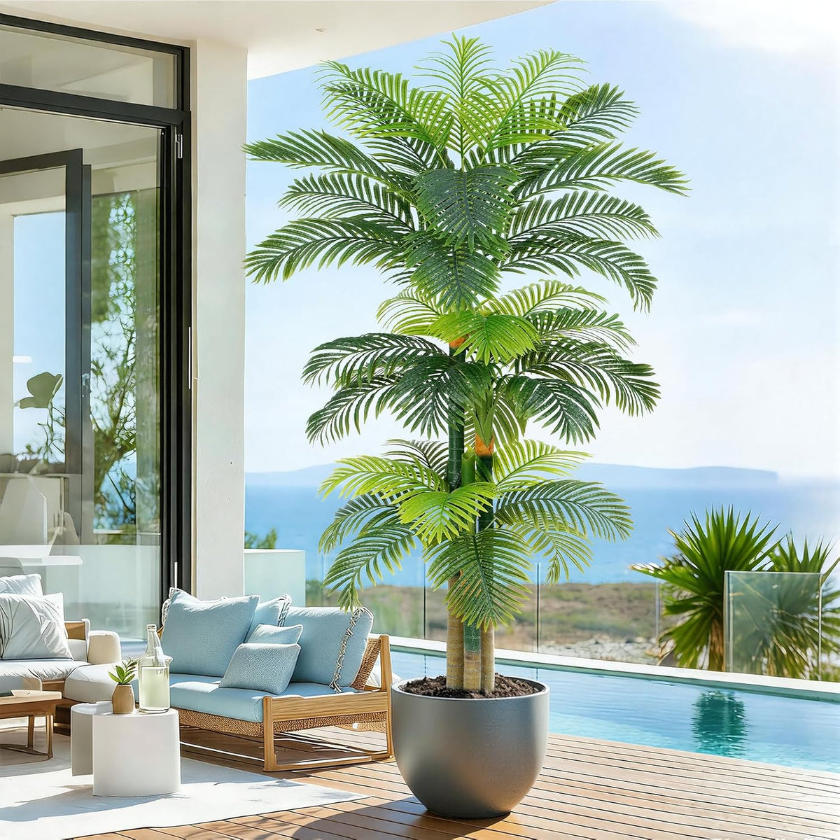 4ft Tall Triple Golden Cane Palm Artificial Tree Large Tropical Palm Tree UV Resistant Fake Plant in Pot for Indoor Outdoor Big House Living Room Outside Patio Office Home Decor 1Pack