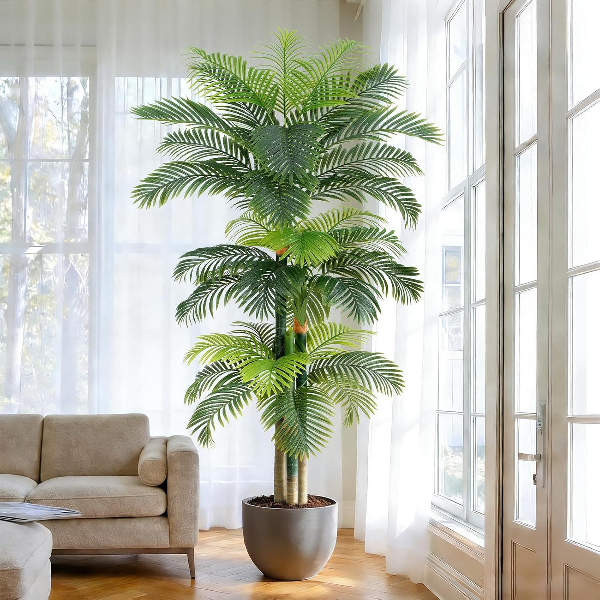 4ft Tall Triple Golden Cane Palm Artificial Tree Large Tropical Palm Tree UV Resistant Fake Plant in Pot for Indoor Outdoor Big House Living Room Outside Patio Office Home Decor 1Pack