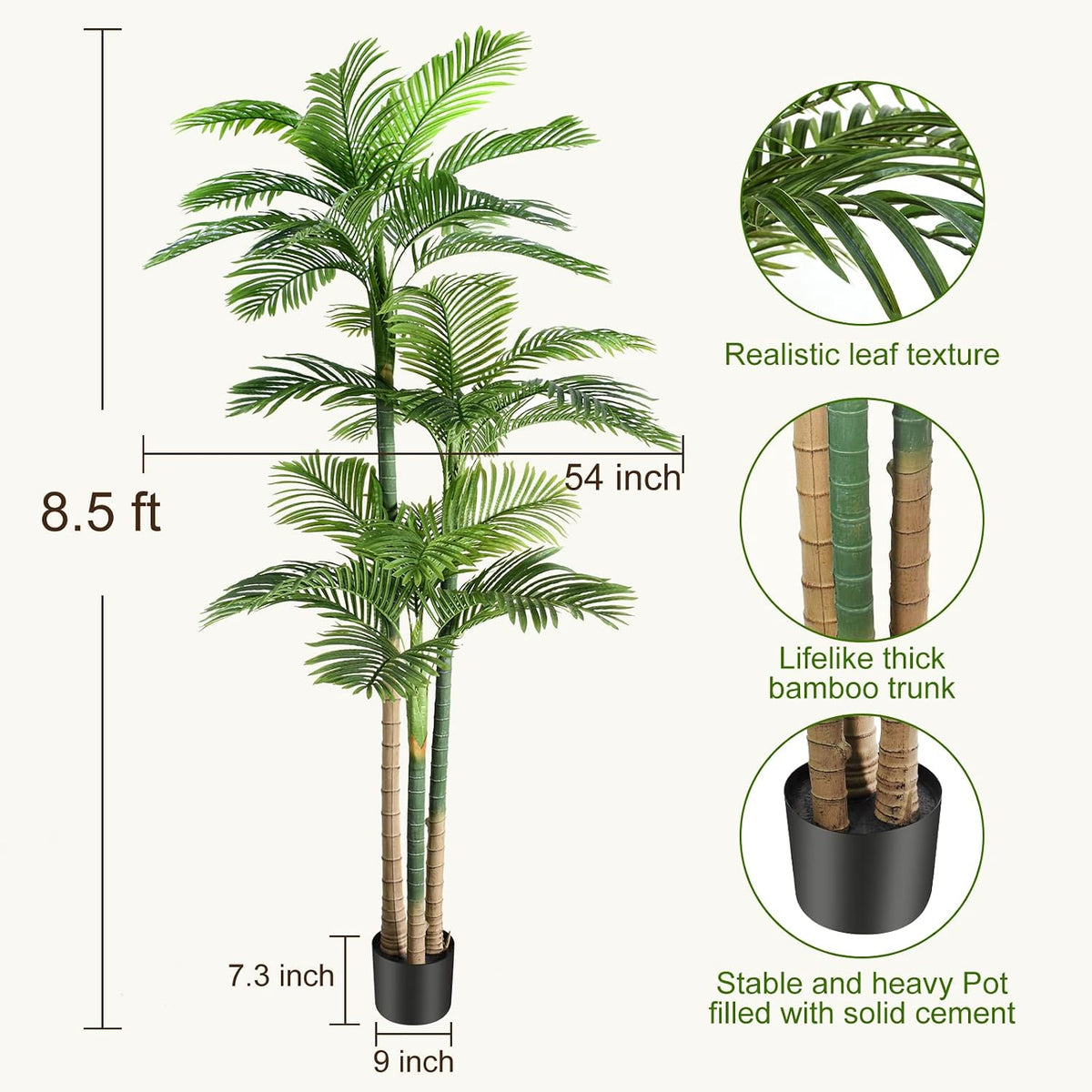 4ft Tall Triple Golden Cane Palm Artificial Tree Large Tropical Palm Tree UV Resistant Fake Plant in Pot for Indoor Outdoor Big House Living Room Outside Patio Office Home Decor 1Pack