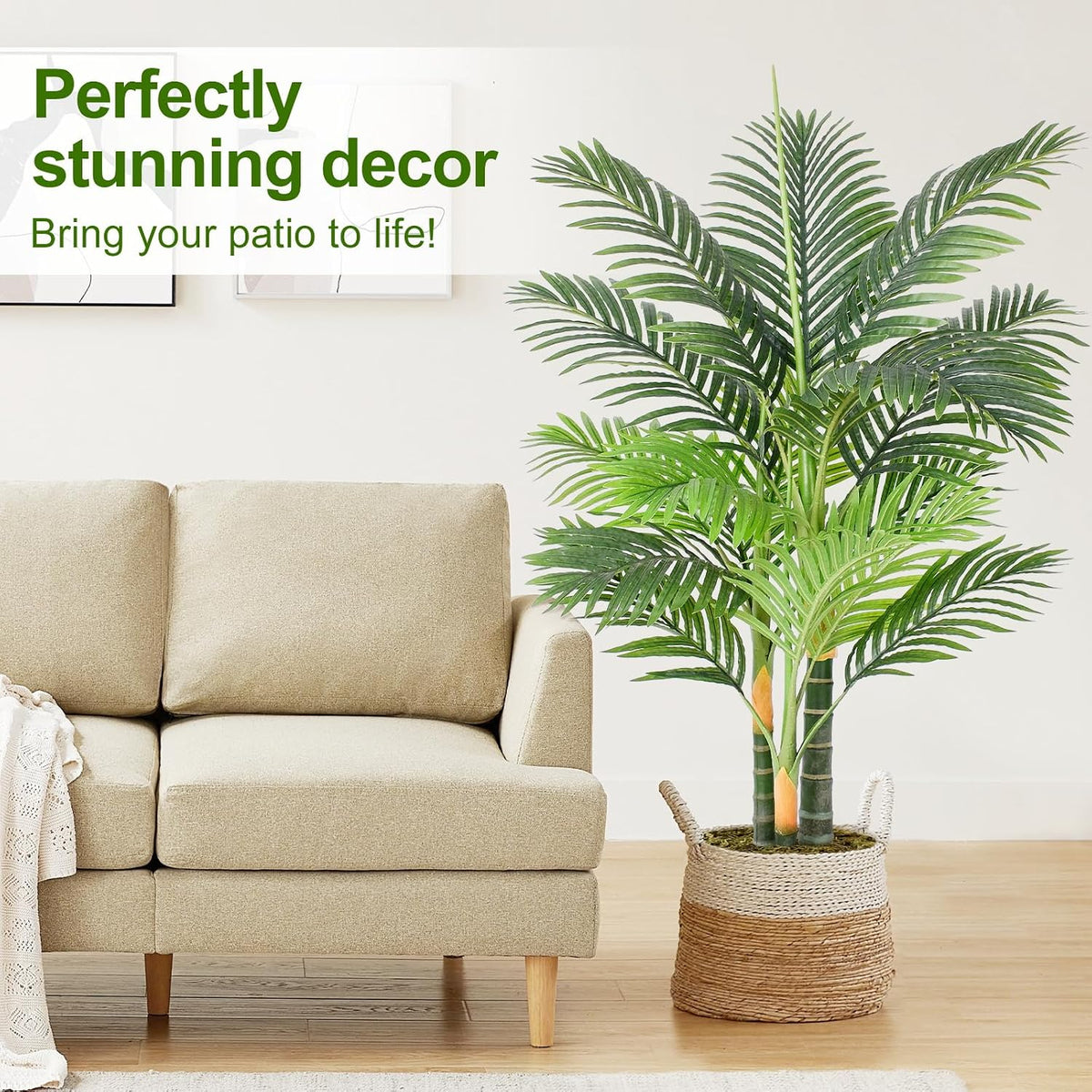 4ft Tall Triple Golden Cane Palm Artificial Tree Large Tropical Palm Tree UV Resistant Fake Plant in Pot for Indoor Outdoor Big House Living Room Outside Patio Office Home Decor 1Pack