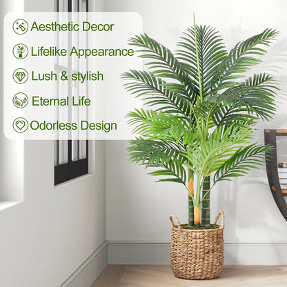 4ft Tall Triple Golden Cane Palm Artificial Tree Large Tropical Palm Tree UV Resistant Fake Plant in Pot for Indoor Outdoor Big House Living Room Outside Patio Office Home Decor 1Pack