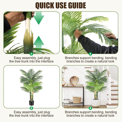 4ft Tall Triple Golden Cane Palm Artificial Tree Large Tropical Palm Tree UV Resistant Fake Plant in Pot for Indoor Outdoor Big House Living Room Outside Patio Office Home Decor 1Pack