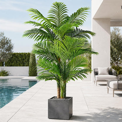 4ft Tall Triple Golden Cane Palm Artificial Tree Large Tropical Palm Tree UV Resistant Fake Plant in Pot for Indoor Outdoor Big House Living Room Outside Patio Office Home Decor 1Pack