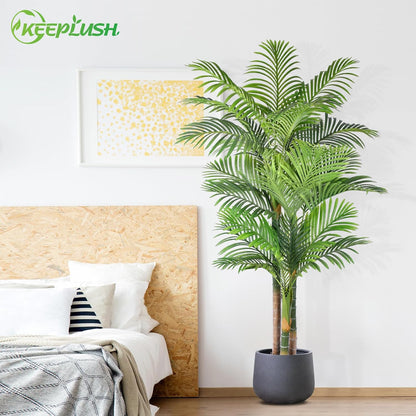 4ft Tall Triple Golden Cane Palm Artificial Tree Large Tropical Palm Tree UV Resistant Fake Plant in Pot for Indoor Outdoor Big House Living Room Outside Patio Office Home Decor 1Pack