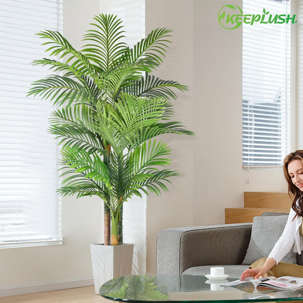 4ft Tall Triple Golden Cane Palm Artificial Tree Large Tropical Palm Tree UV Resistant Fake Plant in Pot for Indoor Outdoor Big House Living Room Outside Patio Office Home Decor 1Pack