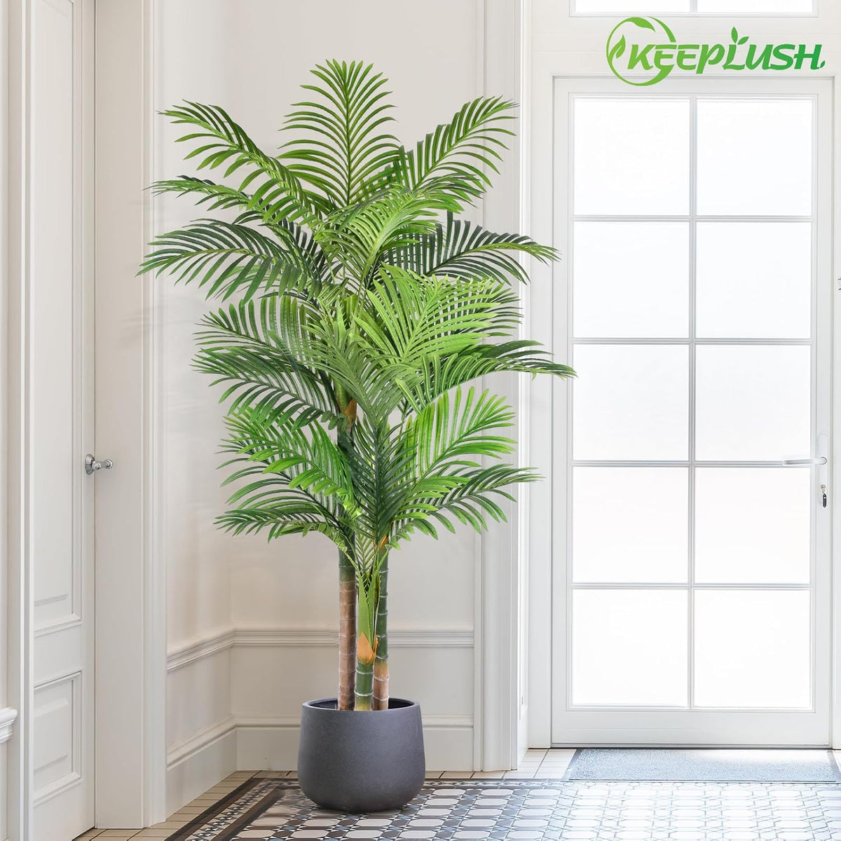 4ft Tall Triple Golden Cane Palm Artificial Tree Large Tropical Palm Tree UV Resistant Fake Plant in Pot for Indoor Outdoor Big House Living Room Outside Patio Office Home Decor 1Pack