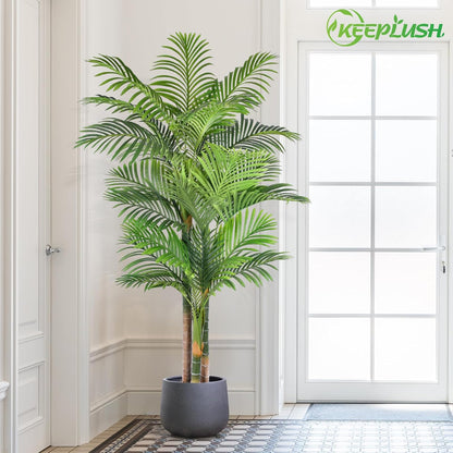 4ft Tall Triple Golden Cane Palm Artificial Tree Large Tropical Palm Tree UV Resistant Fake Plant in Pot for Indoor Outdoor Big House Living Room Outside Patio Office Home Decor 1Pack