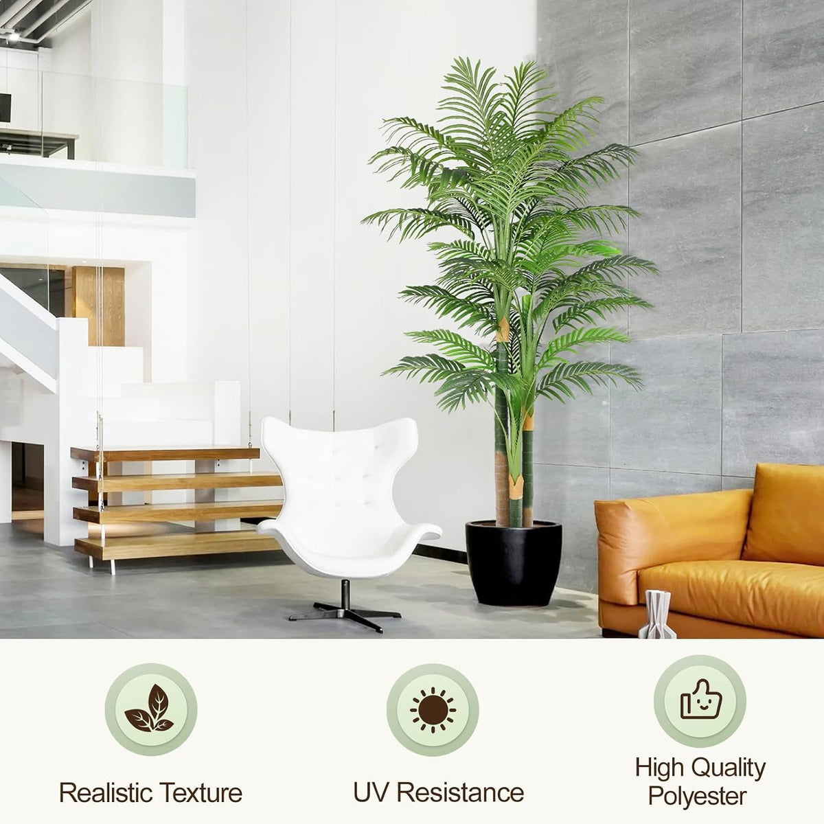 4ft Tall Triple Golden Cane Palm Artificial Tree Large Tropical Palm Tree UV Resistant Fake Plant in Pot for Indoor Outdoor Big House Living Room Outside Patio Office Home Decor 1Pack