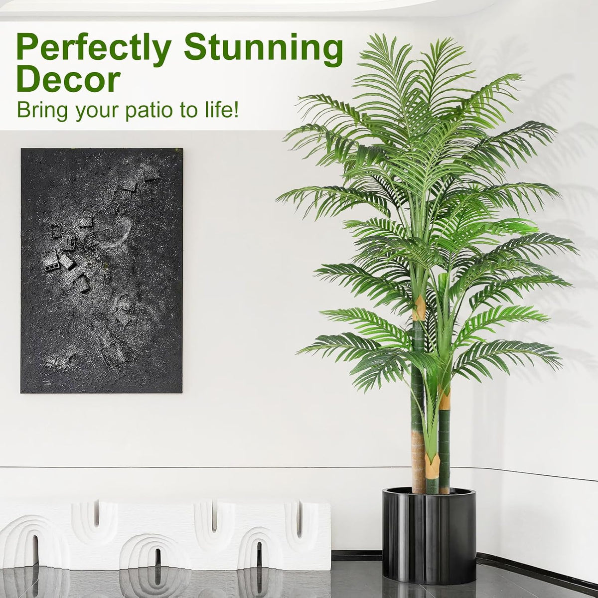 4ft Tall Triple Golden Cane Palm Artificial Tree Large Tropical Palm Tree UV Resistant Fake Plant in Pot for Indoor Outdoor Big House Living Room Outside Patio Office Home Decor 1Pack