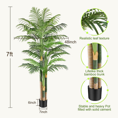 4ft Tall Triple Golden Cane Palm Artificial Tree Large Tropical Palm Tree UV Resistant Fake Plant in Pot for Indoor Outdoor Big House Living Room Outside Patio Office Home Decor 1Pack