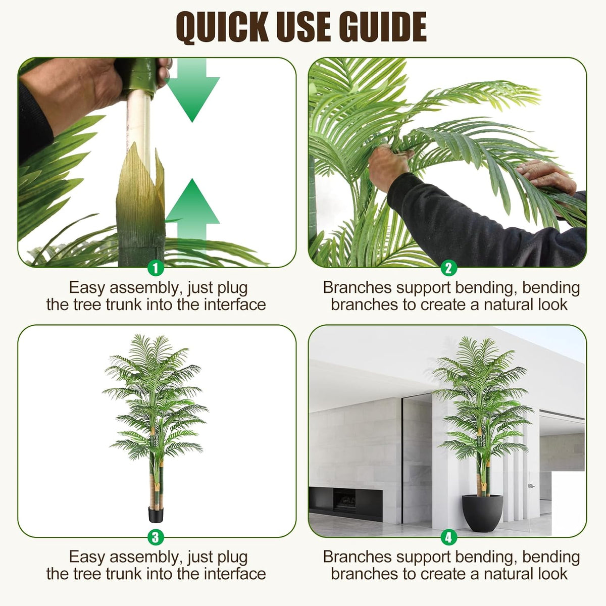 4ft Tall Triple Golden Cane Palm Artificial Tree Large Tropical Palm Tree UV Resistant Fake Plant in Pot for Indoor Outdoor Big House Living Room Outside Patio Office Home Decor 1Pack