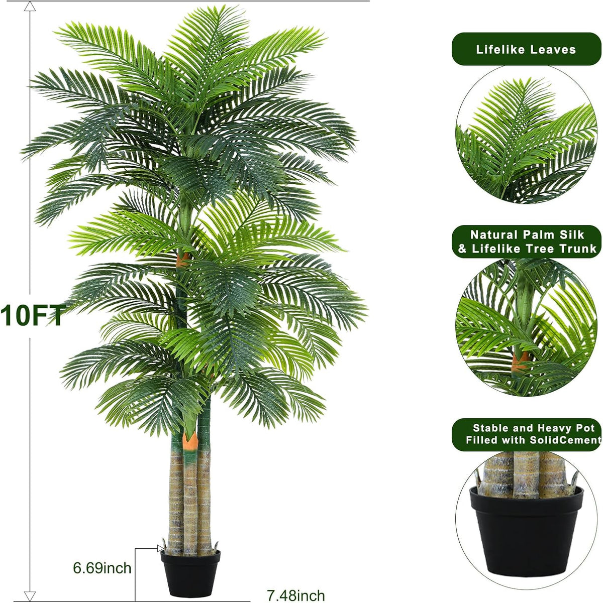 4ft Tall Triple Golden Cane Palm Artificial Tree Large Tropical Palm Tree UV Resistant Fake Plant in Pot for Indoor Outdoor Big House Living Room Outside Patio Office Home Decor 1Pack