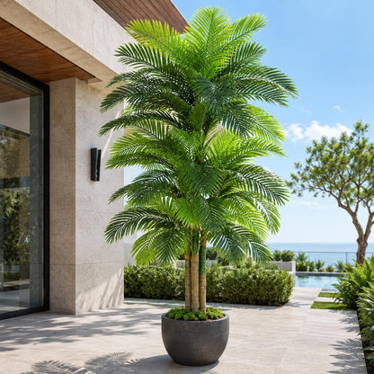 4ft Tall Triple Golden Cane Palm Artificial Tree Large Tropical Palm Tree UV Resistant Fake Plant in Pot for Indoor Outdoor Big House Living Room Outside Patio Office Home Decor 1Pack