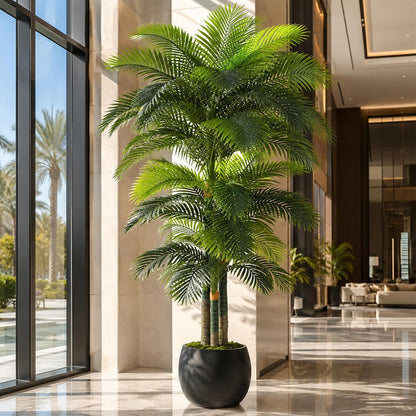4ft Tall Triple Golden Cane Palm Artificial Tree Large Tropical Palm Tree UV Resistant Fake Plant in Pot for Indoor Outdoor Big House Living Room Outside Patio Office Home Decor 1Pack