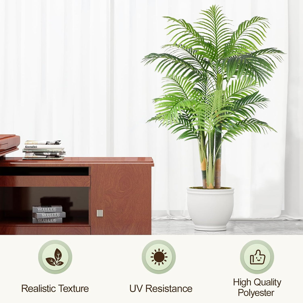 4ft Tall Triple Golden Cane Palm Artificial Tree Large Tropical Palm Tree UV Resistant Fake Plant in Pot for Indoor Outdoor Big House Living Room Outside Patio Office Home Decor 1Pack