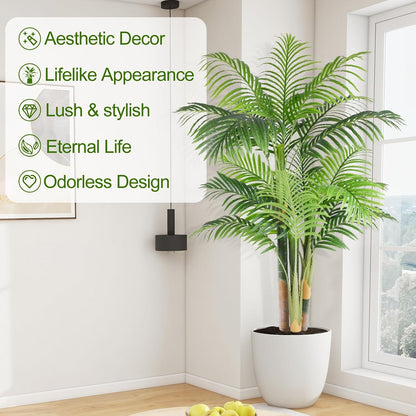 4ft Tall Triple Golden Cane Palm Artificial Tree Large Tropical Palm Tree UV Resistant Fake Plant in Pot for Indoor Outdoor Big House Living Room Outside Patio Office Home Decor 1Pack