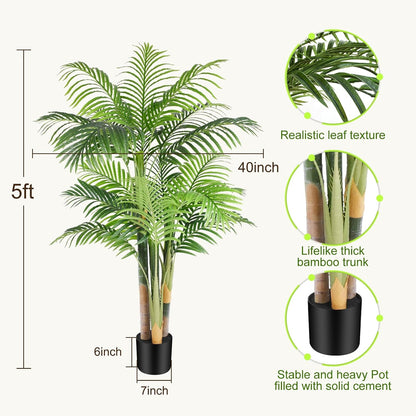4ft Tall Triple Golden Cane Palm Artificial Tree Large Tropical Palm Tree UV Resistant Fake Plant in Pot for Indoor Outdoor Big House Living Room Outside Patio Office Home Decor 1Pack